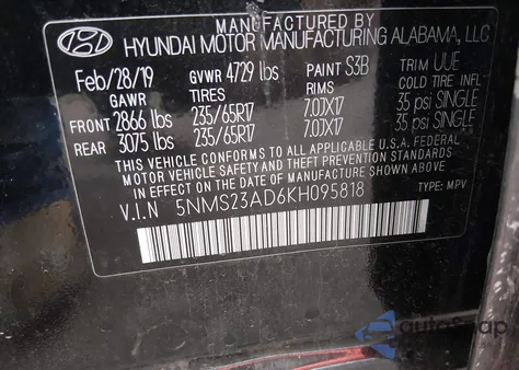 2019 Hyundai Santa Fe Se z USA, uszkodzony, nr VIN 5NMS23AD6KH095818